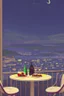 Placeholder: It's a starry night, with a luminous crescent moon, and from the balcony of an elegant luxury apartment, a view of a city with a hill and a river, lights in the windows of the houses. On the balcony, a dining table with a tray with a bird pattern, pizza and wine in starlight