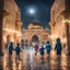 Placeholder: Hyper Realistic Children playing in Al-Aqsa Mosque with garland lights decorations at Rainy Night