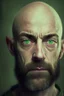 Placeholder: Portrait of a bald man, unkempt beard, dark circles, green eyes, distracted and nervous look