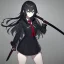 Placeholder: Clear focus, High resolution, long black fluffy hair, blue eyes, wearing a black sailor uniform, red tie, yandere, rough line sketch, dark aura, holding a katana, hair between eyes, 1girl, standing in grey sand, scary