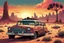 Placeholder: A retro Horror Comic style poster, of a post apocalyptic universe, in a prehistoric theme setting, in a past parallel universe, of a 1952 GMC suburban CaryAll type car, extreme color scheme, driving speeding down a desert wasteland, driving into the sunset, highly detailed digital art, highly detailed