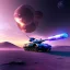 Placeholder: Futuristic armored tank rolling over a crater, purple sky