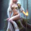 Placeholder: romantic fantasy spray painting, close up on ultracute blonde robed elf child poet sitting on huge marble throne, loosing torch in magical forest