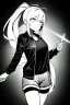 Placeholder: blonde girl with ponytails dressed in a jacket and shorts, dark corridor with a flashlight, greyscale