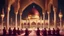 Placeholder: Hyper Realistic Photographic-View of lots of Muslim-Men praying inside a Huge-Beautifully-Crafted-Maroon-&-Golden Mosque with minarets & Ramadan-Light-Decorations-&-Lamps-&-a-water-fountain at beautiful-night with dramatic-&-Cinematic-Ambiance