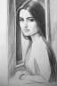 Placeholder: Pencil sketch of Young woman look through the window , Arab features,sad, long wavy hair, full body، on lined paper