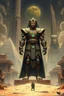 Placeholder: Create an awe-inspiring Illustration of an ancient Anunnaki master builder overseeing the construction of a grand, mysterious city. The figure, towering and majestic, is dressed in intricate, otherworldly armor, with cosmic symbols glowing faintly on his robes. Around him, massive stone structures rise from the ground, blending ancient technology with mystical elements. Surround the scene with colossal monuments, temples, and ziggurats, all designed with impossible precision. Ancient landscape.