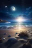 Placeholder: magic sea, beach with sand, shells, realistic, professional photo, 4k, top view, cosmic sky, stars, full moon