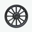 Placeholder: isolated image of a spoked steel wheel(black) from a steam train. vignette of just the wheel