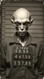 Placeholder: Get An old picture style of black and white mono very bad quality looks very old camera picture of arrested alien photo , from and side views , with arrest prisoner number , year 1900