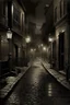 Placeholder: 1890s city streets with muddy road and dark atmosphere oil lamps lighting up an alley party digital art