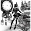 Placeholder: great illustrator, spanish, pencil sketch of a cute girl, beautiful, steampunk syle, black and white. Helmet with tubes. glasses, venetian mask. Machinery in the background. robotic birds flying. High details.