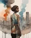 Placeholder: acrylic and watercolor and line tint painting of a sad young woman standing in front of a city entirely made of smoke, bronze - skinned, geometric curves, featured art, philosophical splashes of colors, art brought to life, soul shock