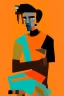 Placeholder: whimsical arafed nonsense stylized abstract portrait of a man with dark bob hair, seated with arms crossed, (((exaggerated body parts))), (((oversize head))), in vibrant orange dress and black accents around wrists, background is blend of bold beige and drab patchwork vibe, cyan tints, rainy whimsical afternoon, sharp color contrasts, amazing shadows, minimal cozy, color leak, heavily distorted views, amazing parallels