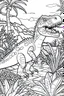 Placeholder: create a coloring page Illustrate a young T-Rex venturing out into its habitat for the first time, exploring its surroundings with curiosity. Kids can color the lush vegetation and other prehistoric creatures they encounter.ink drawing clipart, simple line illustrations, colored