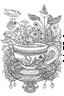 Placeholder: Outline art for coloring page, AVANT GARDE DRAWING TEACUP SET IN A GARDEN, coloring page, white background, Sketch style, only use outline, clean line art, white background, no shadows, no shading, no color, clear
