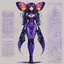 Placeholder: full body portrait illustration , long hair, with detailed blueprints and engineering schematics of a walking hybrid Madagascan sunset moth insect girl, in anime style, with highly detailed facial features, drawings, and technical notation, 8k, vibrant natural colors, purple tight latex bodysuit