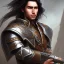 Placeholder: D&D character, male, long black hair, dark tan skin, artificer, holding gun, light armor, chain armor