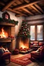 Placeholder: create me a digital art of cosy and warm inside of a house in balkan style and christmas atmosphere, with fireplace as central figure, next to the fireplace should be a branch of dried out oak leaves tied with a knot. Put serbian flag and an orthodox cross somwhere on the shelfs or around the fireplace