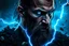 Placeholder: Create an ultra-realistic cinematic poster of a fierce warrior with electric blue eyes, standing in a storm. The character’s face is shown in an intense close-up from one side, covered with battle-worn texture, rain droplets, and glowing blue lightning cracks running across the skin. His beard is rugged, with detailed sharp textures. Blue lightning surrounds him, illuminating his silhouette with a dramatic neon glow. Pieces of debris float around as if drawn by his power. Dark storm clouds and h