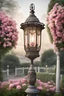 Placeholder: Generate an image featuring a beautiful French lantern standing atop a pole, adorned with flowers. The lantern should be elegantly crafted in the style of French design, with graceful curves and intricate details. It should be positioned on top of the pole, centered within the image. Surrounding the base of the pole and extending slightly upwards should be colorful flowers, enhancing the visual appeal. The background of the image should be a clean white, allowing the lantern and flowers to stand