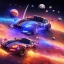 Placeholder: Single extremely detailed realistic sports car (Centered on image), moving on a silk road through the galaxy, symetrical, HD, 4k, 8k, neon glow, Power colors