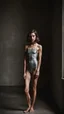 Placeholder: beautiful anorexic woman, total shot, short shiny grey swimsuit, short brunette wavy bob hair, blurred concrete background