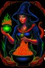 Placeholder: Witch with glowing bubbling cauldron tattoo design, traditional tattoo style, t-shirt design, fantasy art, digital painting, clean dark background, 8K by R. crumb, Todd Schorr, Robert Williams, Alex Alemany