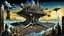 Placeholder: a stunningly weird image of a futuristic metropolis using Salvador Dali's paranoiac-critical method, where buildings and structures appear to melt into the skyline cityscape is filled with floating mad, twisted sharp metal shapes that interact with the buildings and each other, forming a surreal tableau of a dreamlike reality. neu-steampunk vibe, essence of the scene in a cinematic manner, with dramatic shadows that enhance the distorted perspectives and bizarre