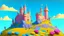 Placeholder: Castle on a hill, Pink walls, orange towers, yellow flowers on the ground, dark blue roof and aqua blue sky, very detailed and realistic