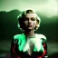 Placeholder: Ultra Realistic retro sci-fi scene, portrait, blonde woman, sweet young Marilyn Monroe face, perfect iris, tight latex coat, Strange planet background, Retro sci-fi style helmet, fog, rain, soft color, highly detailed, unreal engine 5, ray tracing, RTX, lumen lighting, ultra detail, volumetric lighting, 3d, finely drawn, high definition, high resolution.