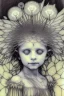 Placeholder: pencil and charcoal sketch of a cute happy little dandelion fairy girl, Mucha inspired emotional nature ephemeral sculptures of Andy Goldsworthy, tiny human form, essence captured as if created by surrealist photographer Noel S Osvald rendered in bright ombre colors, mixed with influences by John Bauer and Tim Burton, faded dark grey background, minimalistic art, with details that reflect advanced rendering techniques that push the drawing's realism even further Modifiers: trending on Artstation