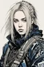 Placeholder: Billie Eilish as a goth punk mercenary huge girl, illustration by Yoji Shinkawa and Katsushika Hokusai, finely detailed facial features, finely drawn and inked, 4k, symmetric, hyperdetailed , obsidian and metallic blue tones