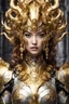 Placeholder: Half body Facing front Gorgeous Photography Beautiful Medusa Queen Cyborg dressing Armor Mecha Robo Golden and jewelry,luxury ornaments background