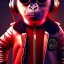 Placeholder: Monkey toddler, steampunk headphone, sunglass, gangsta neckless, full body, red leather jacket, tokio background, dramatic lighting, hyper realistic, unreal engine 5, 16k