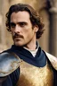 Placeholder: Joaquin Phoenix from year 2000, draped waves haircut, in medieval setting, in medieval armor colored back and gold