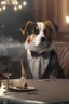 Placeholder: A very cut dog in an elegant suit sits at a table in a five-star restaurant eating realistic photo cinematic