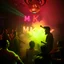 Placeholder: "MR Kukrunk" is Benny, and "DJ Roy" in a disco, dancing, "MR Kukrunk" on sign wall, disco light, strobe, smoke. disco ball, 1000 dancing people