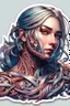 Placeholder: a sticker with a drawing of a woman's face, cyberpunk art, inspired by Marco Mazzoni, Artstation, fantasy art, fractal veins. cyborg, in the style dan mumford artwork, girl with plaits, beautiful detailed body and face