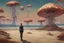 Placeholder: woman in a catsuit, standing on a beach of an alien world, watching mushrooms with jellyfish tentacles in the sky, photorealistic, Deep Colour, Fantastical, Intricate Detail, sunshine