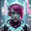 Placeholder: a cyberpunk female android robot, bright hair, futuristic, dystopia