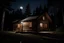 Placeholder: a lighted logged cabin enclosed by a forest but seen in the perspective of someone who has just approached the house and sees the entrance in the center of their vision. This photo takes place at night with the moon looming in the background.