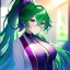 Placeholder: Clear focus, 8k, beautiful lighting, vibrant colors, girl, green hair, long hair, vibrant purple eyes, ponytail, messy hair, hair in between the eyes,