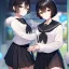 Placeholder: Clear focus, High resolution, fluffy black short hair, dark green eyes, wearing a black sailor uniform and pleated black skirt, fluffy hair, detailed outfit