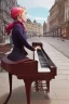 Placeholder: One single mature cat lady playing piano on the street, Vienna, fiacre, friendly, model style, hyper realistic, extremely accurate, delicate, extremely detailed, Graphic novel style, wide-angle, open aperture, superfine pencil