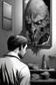 Placeholder: a man looking into a mirror and seeing a horrifying, abstract monstrous reflection