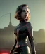 Placeholder: retro sci-fi portrait image from 1960, supermarket parking explosion, fire, classic black widow, young Scarlett Johansson, tight latex suit, soft color, highly detailed, unreal engine 5, ray tracing, RTX, lumen lighting, ultra detail, volumetric lighting, 3d, finely drawn, high definition, high resolution.