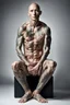 Placeholder: a full body display of a beautiful man with cancer, his skin composed of cancer shaped cells, they cover his entire body like a tattoo, symbolic for wearing his illness on the outside, no hair, in a dramatic pose in a photo studio, he sits with his face slightly hidden as he is shamed, lighting with focus on skin, ultra photo realistic, 32k, highly detailed,. selective colors