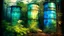 Placeholder: A cluster of weathered, cylindrical silos overtaken by lush vines in a dense, sun-dappled rainforest, 2D, Lissajous pattern, Daguerreotype effect, Cyanotype printing, rainbow sheen across the humid air.