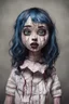 Placeholder: full color, illustration of a dark, menacing, Singer Melanie Martinez face, as a decayed, broken, crude homemade cloth doll toy, with a narrow cracked porcelain face, thick dark eyebrows, hair in two gradually made from ragged strips of cloth, in the style of Alex Pardee, Tim Burton, and Nadya Sheremet